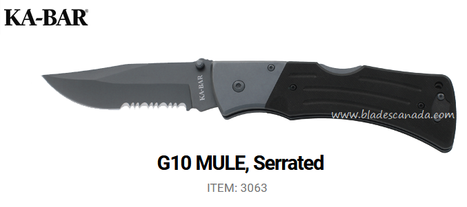 Ka-Bar Mule Folding Knife, Clip Point w/Serrations, G10 Black, Ka3063
